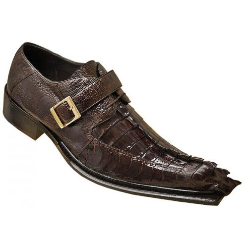 Belvedere "Ebano 3405" Brown Ostrich / Hornback Crocodile With Tail Monk Strap Shoes.